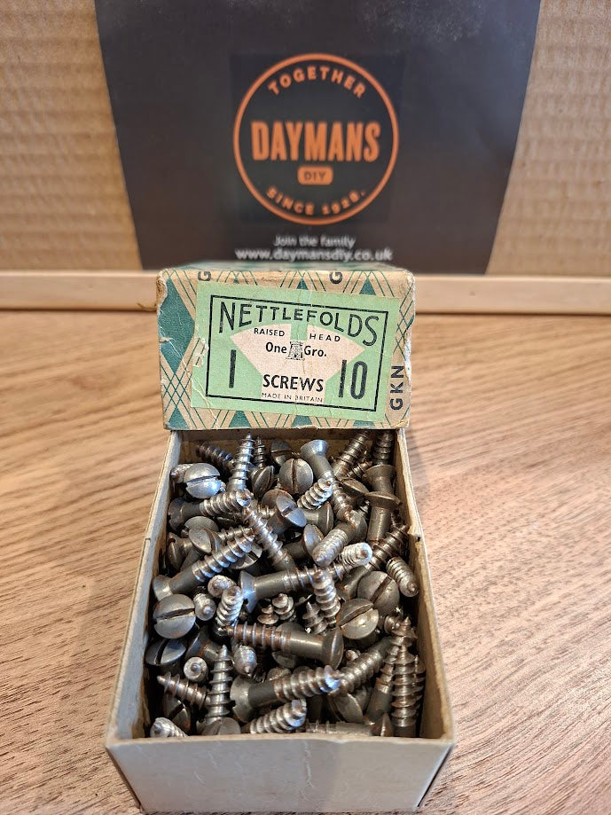 Vintage Nettlefolds 10 x 1in Slotted Steel Raised Head Screws