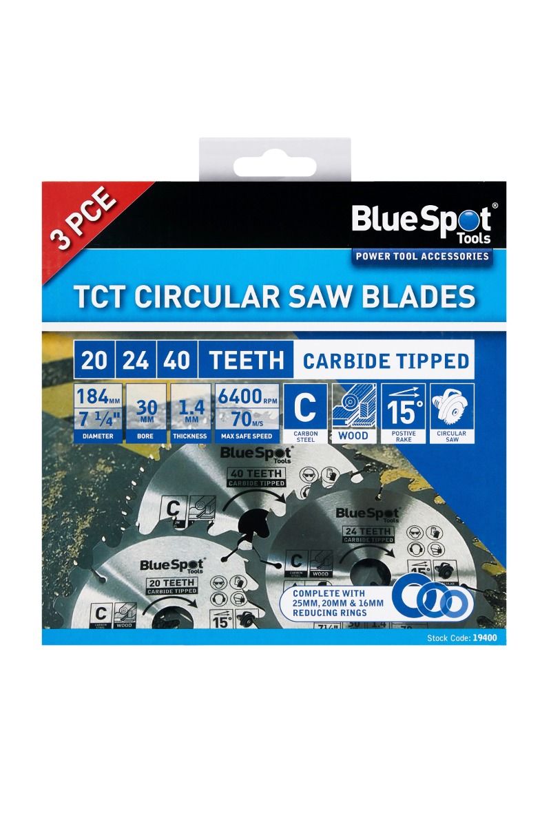 BlueSpot 3 PCE TCT Circular Saw Blades 184mm x 30mm (20, 24 & 40 Teeth) (19400)