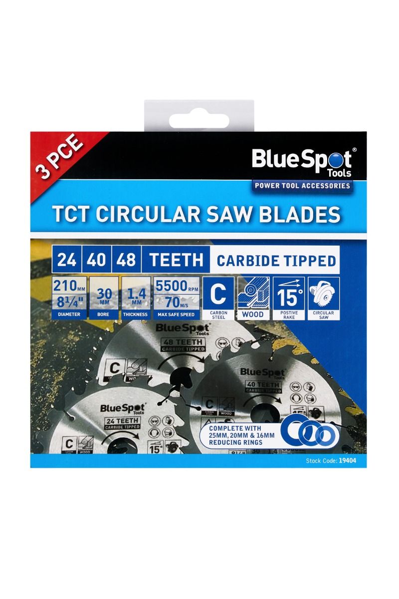 BlueSpot 3 PCE TCT Circular Saw Blades 210mm x 30mm (24, 40 & 48 Teeth) (19404)