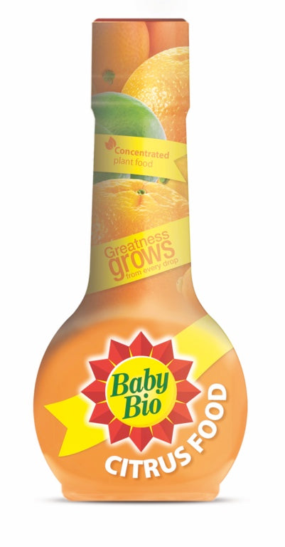 Baby Bio Citrus Food bottle with orange and green design on a white background