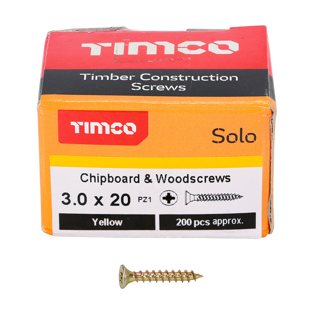 Solo Chipboard & Woodscrews Pozidrive 3 x 20mm (4 x 3/4in) - Double Countersunk - Yellow - Box of 200