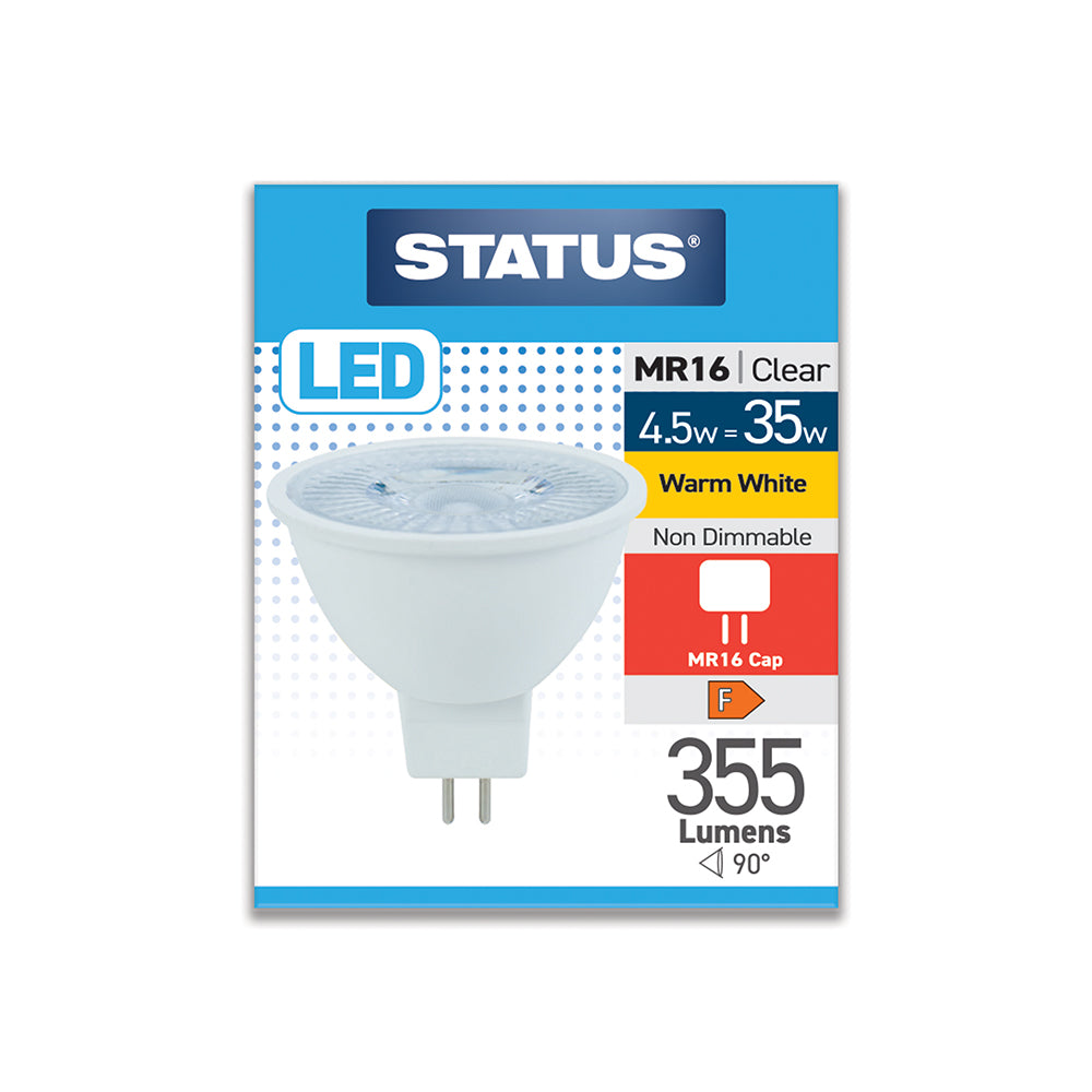 Status LED Spot Light Bulb MR16 Clear Warm White Cap 4.5w=35w (4.5SLMR1638W1B10)