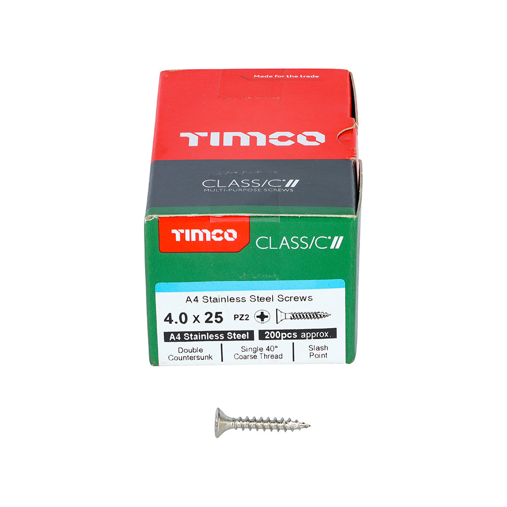 Timco Stainless Steel Multi-Purpose Screws 4.0 x 25mm (8 x 1in) - PZ - Countersunk Screws - Box of 200