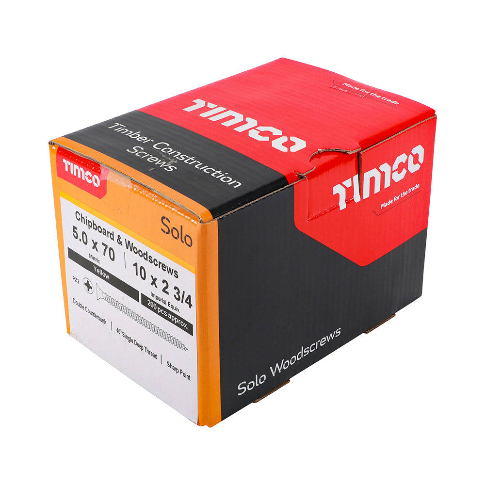 Solo Chipboard & Woodscrews 5.0 x 70 (10 x 2 3/4in) - PZ - Double Countersunk - Yellow Passivated