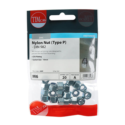 Timco M6 Nylon Nuts (Type P) - 20 Pack (6NPP)