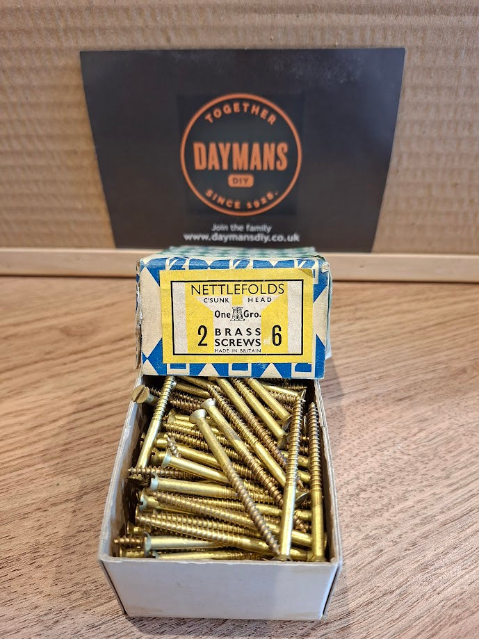 Vintage Nettlefolds 6 x 2in Slotted Brass CSK Screws