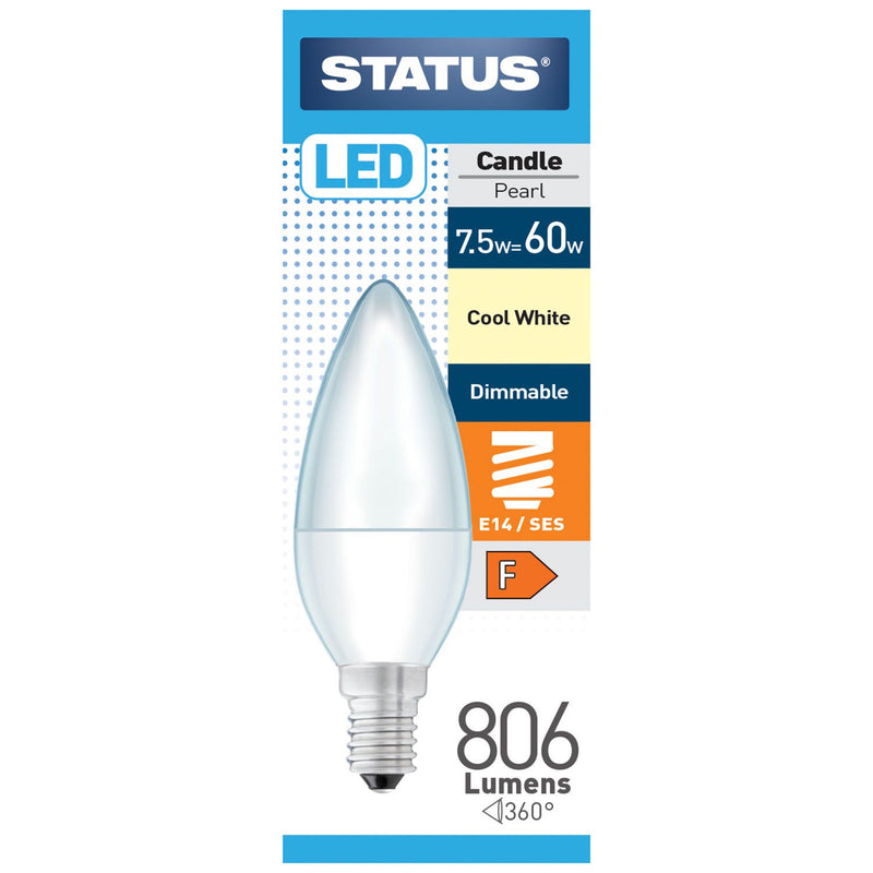 Status LED Dimmable Candle Bulb - 7.5w = 60w - Small Screw Cap - E14/SES - Cool White