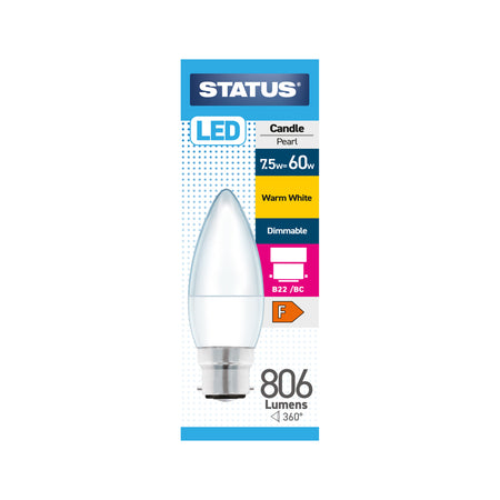 Status LED Dimmable Candle Bulb - 8w = 60w - Bayonet Cap - B22/BC - Warm White