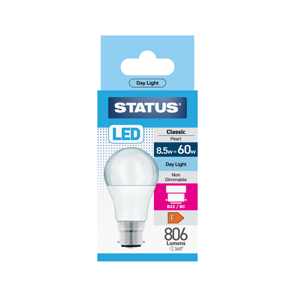 Status LED Pearl Light Bulb - 8.5w = 60w - Large Bayonet Cap - BC/B22 - Day Light (8.5SLGDB22P1B10)