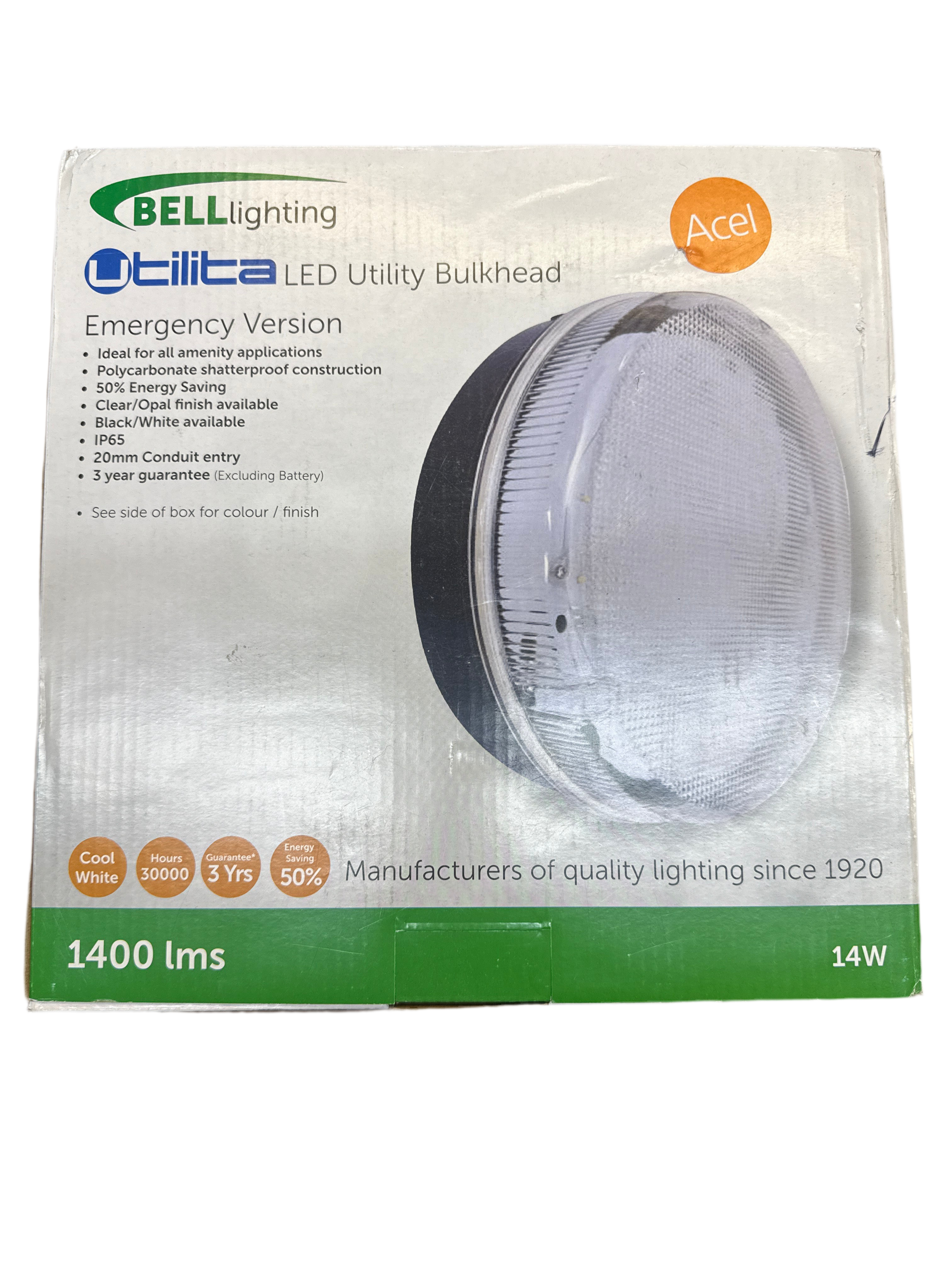 14w Utilita LED Bulkhead, Round Emergency - White w/Clear Bezel