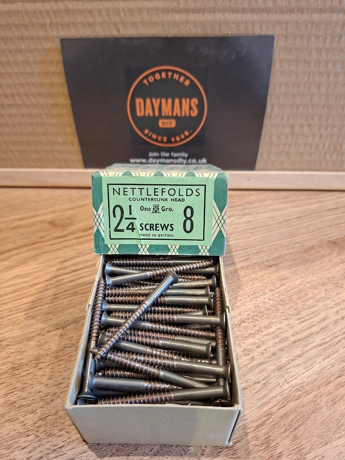 Vintage Nettlefolds 8 x 2 1/4in Slotted Steel CSK Screws