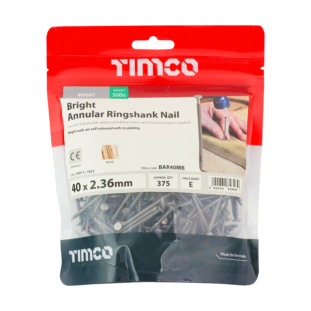 Timco Bright Annular Ringshank Nails 40mm x 2.36mm - 0.5kg (BAR40MB)