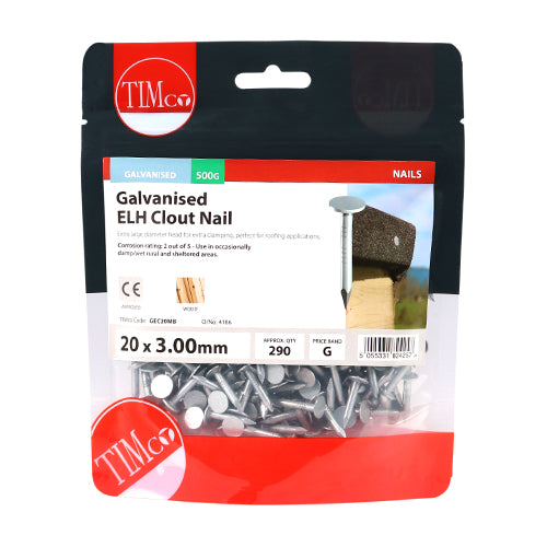 Timco Galvanised Extra Large Head Felt / Clout Nails - 3.00 x 20mm - 500g (GEC20MB)