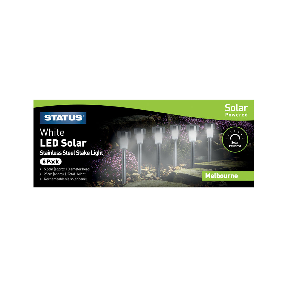 White LED Solar Stainless Steel Stake Light - Pack of 6 (MELBOURNESS6PK3)