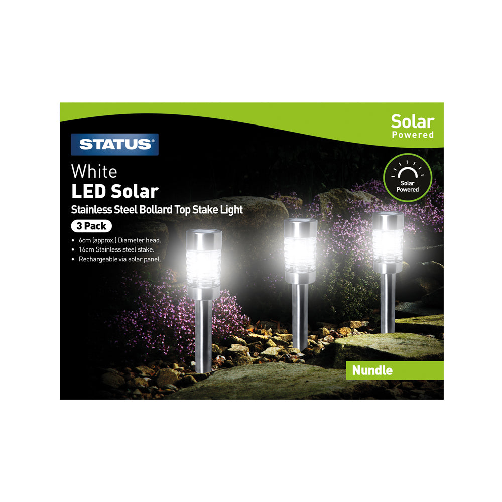 White LED Solar Charging Bollard Top Stake Lights (NUNDLESS3PK6)