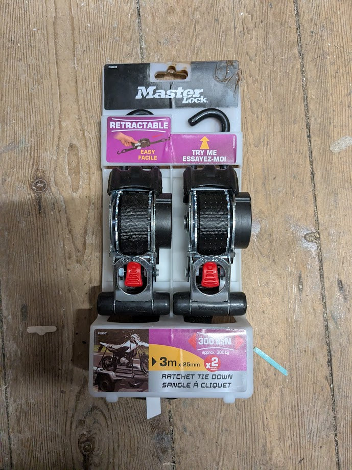 Master Lock Retractable Ratchet Tie-Down S-Hook 3m 2 Piece (Paint on Packaging)