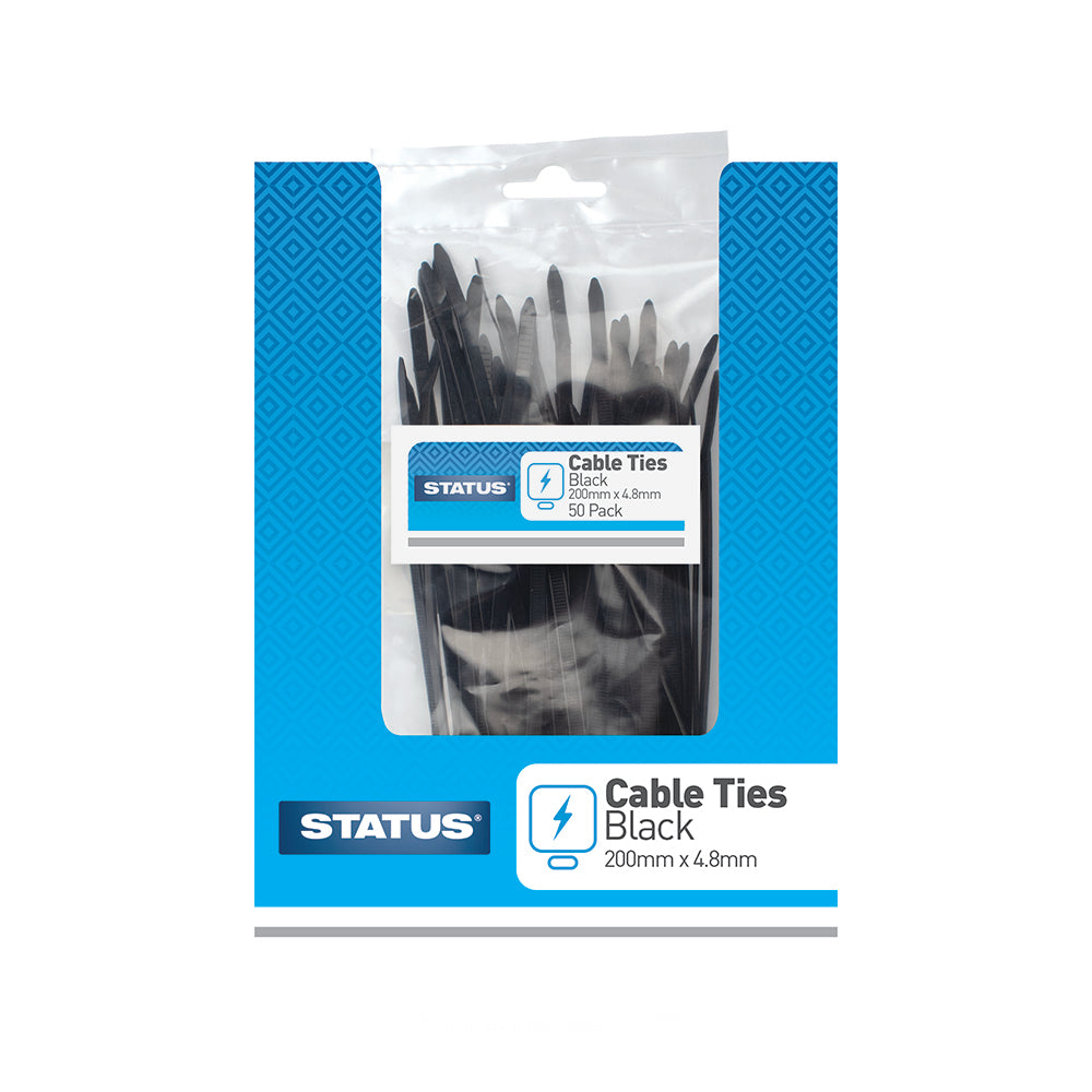 Status Black Cable Ties 200mm x 4.8mm - 50 Pack (S200MMCT50PKX10)