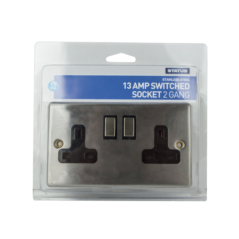 Status Stainless Steel 2 gang Switched Wall Socket