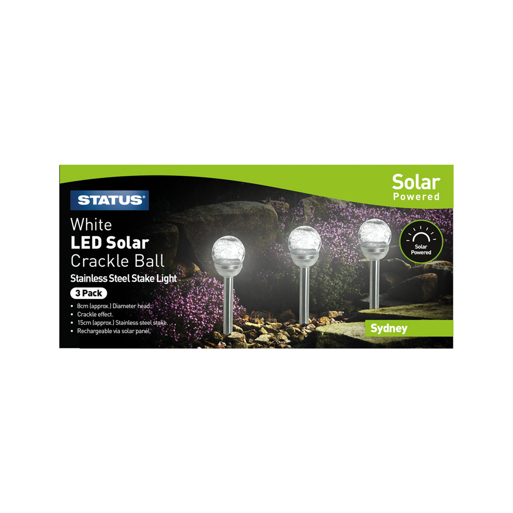 White LED Solar Charging Crackle Glass Stake Lights (SYDNEYSC3PK6)