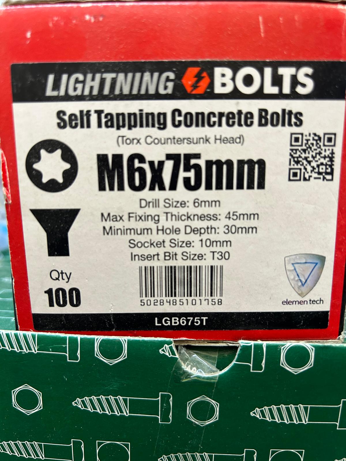 Lightning Bolt Self Tapping Concrete Bolts M6x75mm Box 100 Csk/Torx (LGB675T)