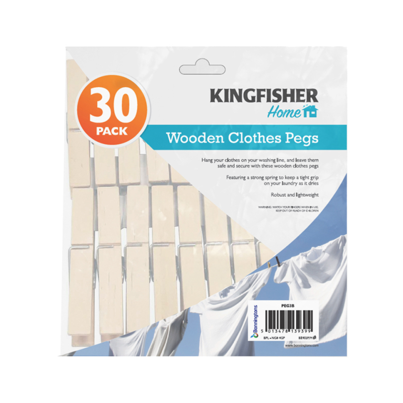 Kingfisher Wooden Clothes Pegs 30 Pack (PEG3B)