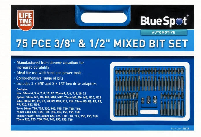 BlueSpot 75PCE 3/8in & 1/2in Mixed Bit Set (01519) (1 ONLY)