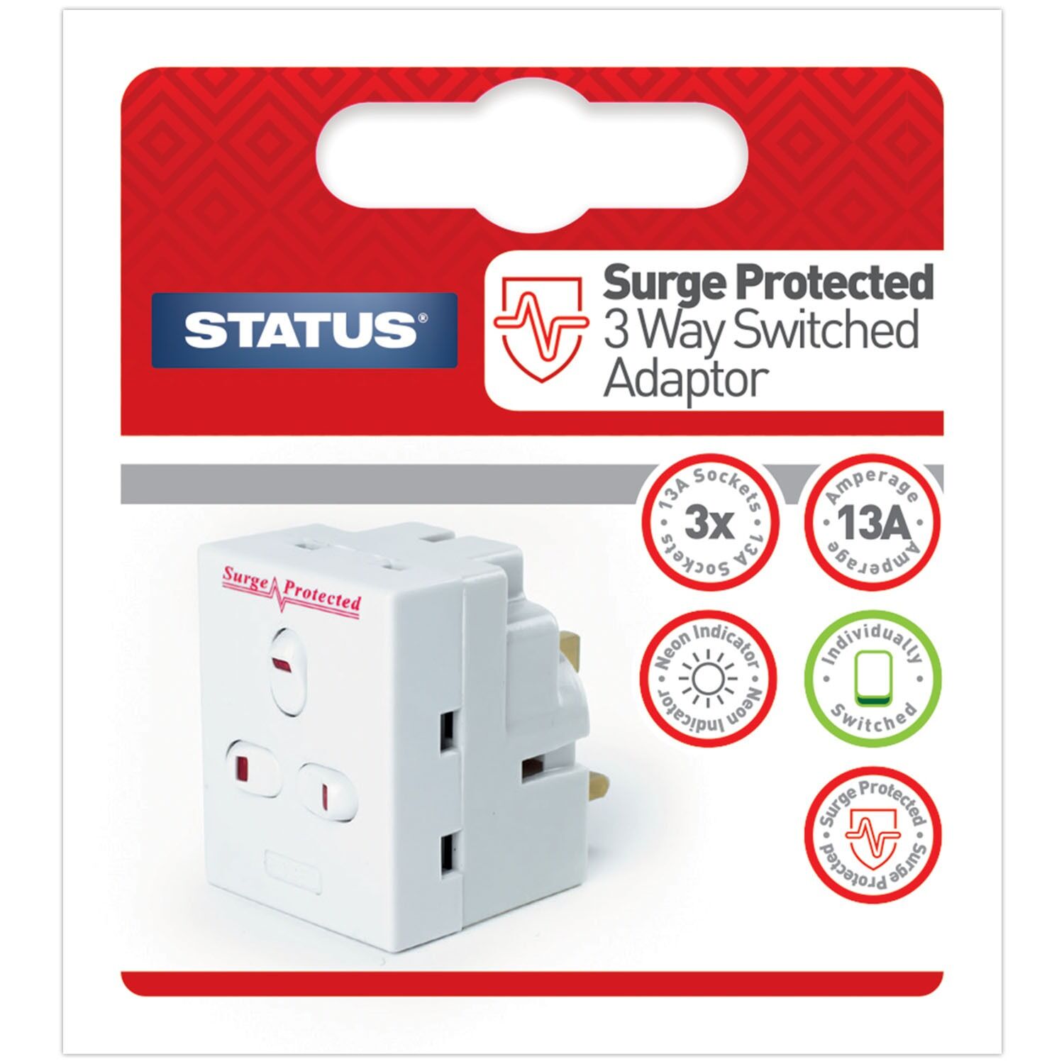 Status 3 Way Individually Switched Surge Protected 13A Fused Mains Adaptor