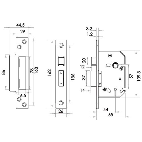 5 Lever Mortice Sash Lock - 64mm (2 1/2") - Electro Brass Finish