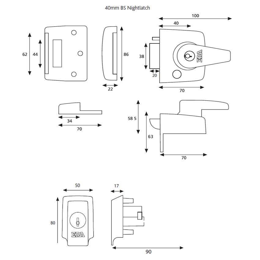 ERA British Standard High Security Nightlatch Door Lock - 40mm Backset - Satin (1830-40-2)
