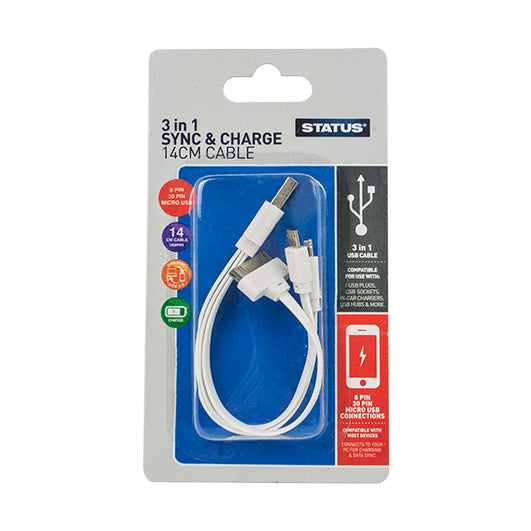 Status - 3 in 1 Sync & Charge Cable - 8 Pin, 30 Pin & Micro USB - 14cm Cable