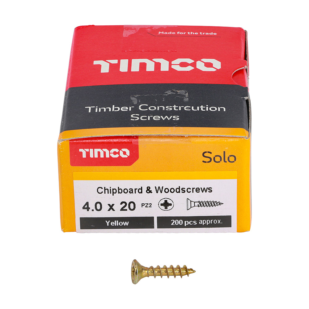 Solo Chipboard & Woodscrews Pozidrive 4 x 20mm (8 x 3/4") - Double Countersunk - Yellow - Box of 200