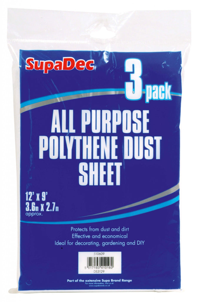 SupaDec All Purpose Polythene Dust Sheet 3.6m x 2.7m (12' x 9') - 3 Pack