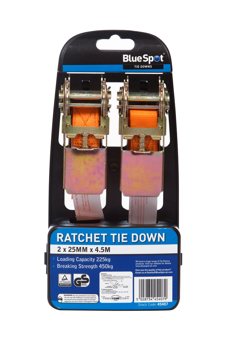BlueSpot 2 Pack Ratchet Tie Down (25mm x 4.5m) (45407)