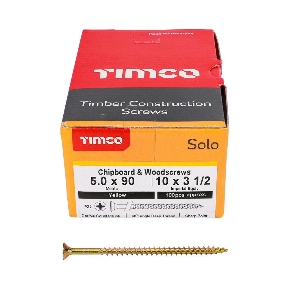 Solo Chipboard & Woodscrews Pozidrive 5 x 90mm (10 x 3 1/2") - Double Countersunk - Yellow - Box of 100