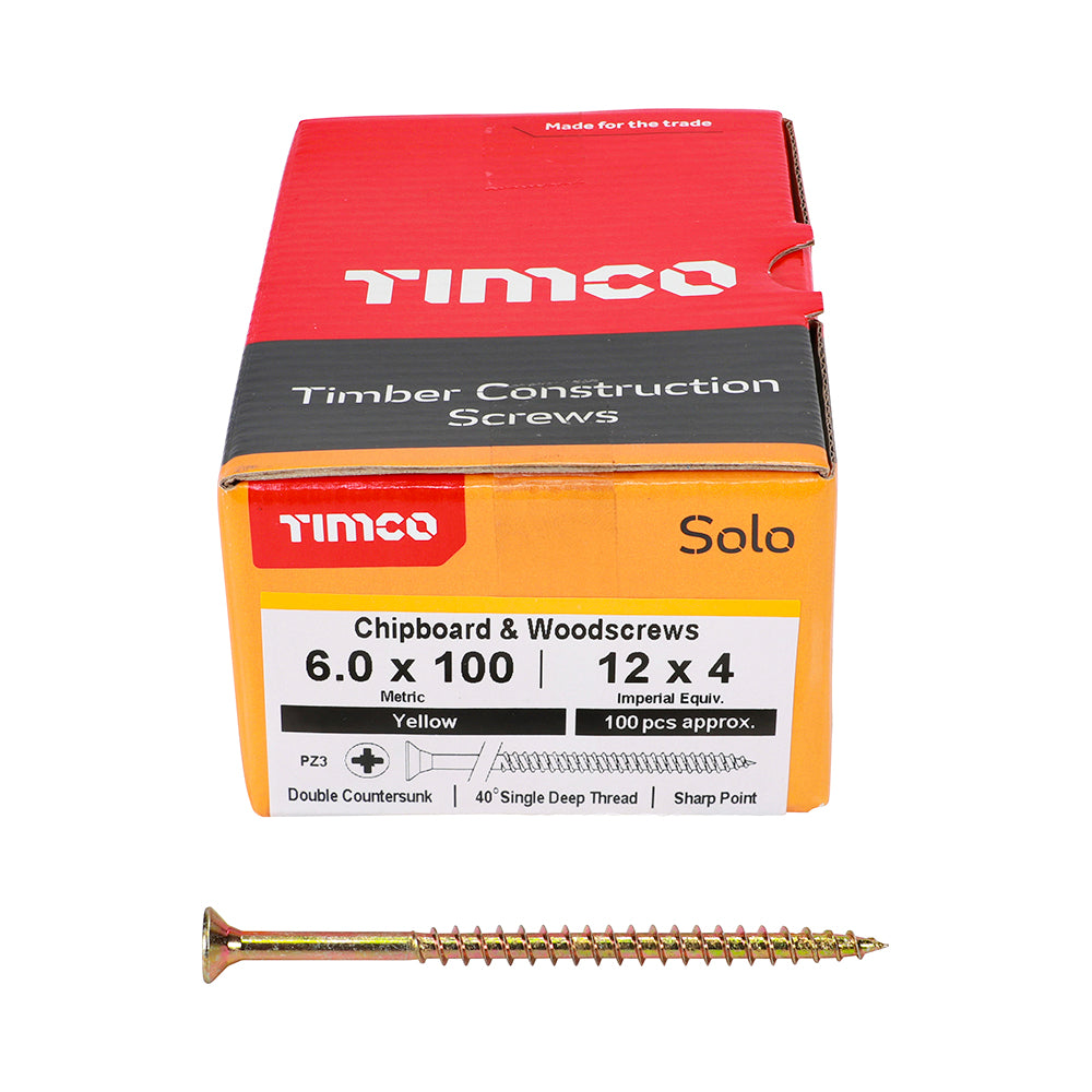 Solo Chipboard & Woodscrews Pozidrive 6 x 100mm (12 x 4") - Double Countersunk - Yellow - Box