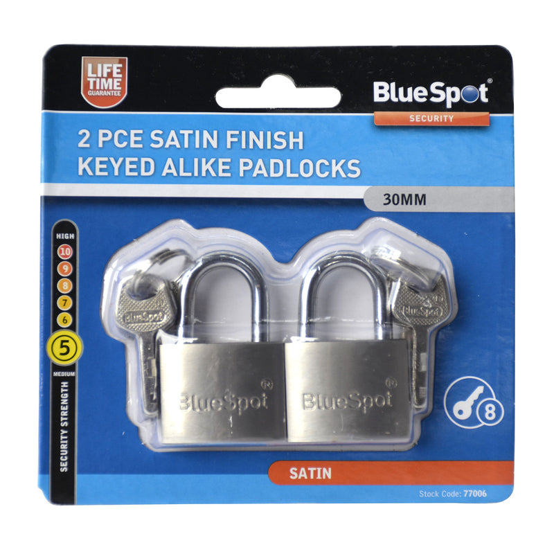 BlueSpot 2 PCE Satin Finish Keyed Alike Padlocks - 30mm (1 1/4") (77006)
