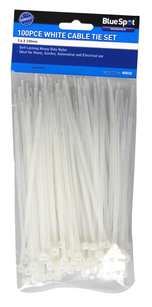 BlueSpot - White Cable Ties 3.6mm X 150mm - 100 pack