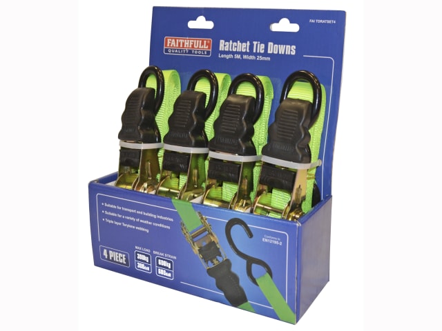 Faithfull Quality Tools Ratchet Tie-Downs 5m x 25mm Green - 4 Pack