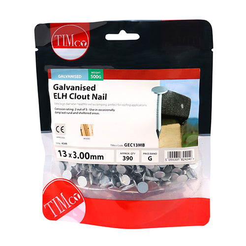 Timco Galvanised Extra Large Head Felt / Clout Nails - 3.00 x 13mm - 500g (GEC13MB)