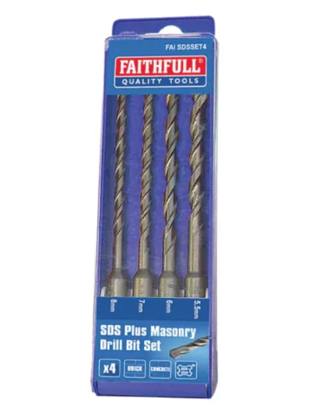 Faithfull Quality Tools - 4 Piece SDS Plus Masonry Drill Bit Set -  5.5 mm, 6 mm, 7 mm & 8 mm