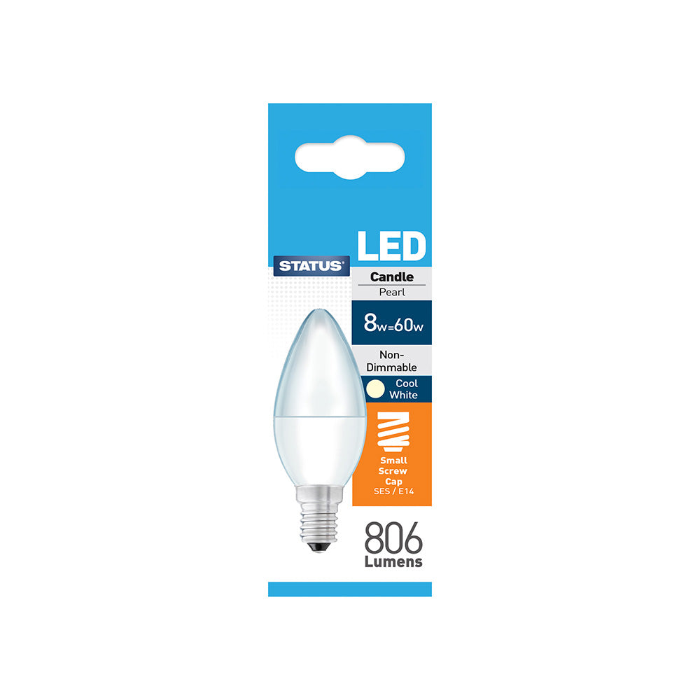 Status - LED Candle Pearl Bulb - 8w = 60w - Small Screw Cap - SES/E14 - Cool White (8SLCCE14P1B10)