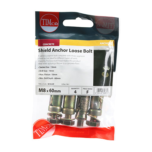 Timco M8 x 60mm Shield Anchor Loose Bolt - 4 Pack (0810LSHP)