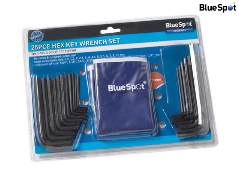 BlueSpot - 25 PCE Metric & Imperial Hex Key Wrench Set With Pouch (1-10mm) (3/64"-3/8")