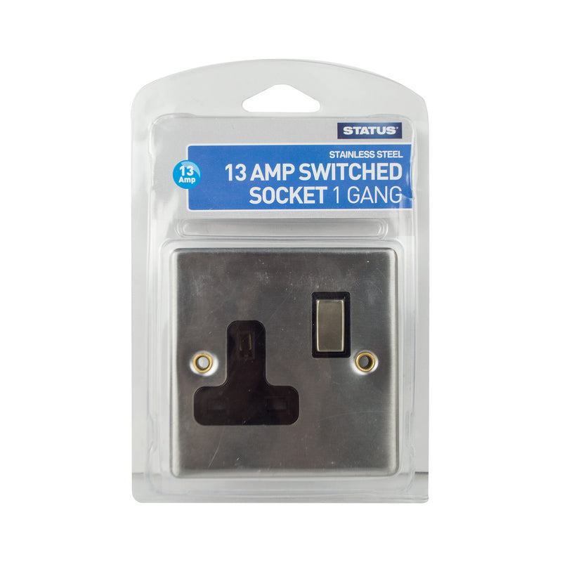 Status - 1 Gang 13 Amp Switched Wall Socket - Stainless Steel