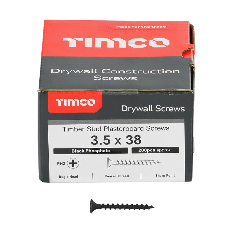 Drywall Timber Stud Plasterboard Screws 3.5 x 32mm (6 x 1 1/4") - PH - Bugle - Coarse Thread - Black - Box of 200