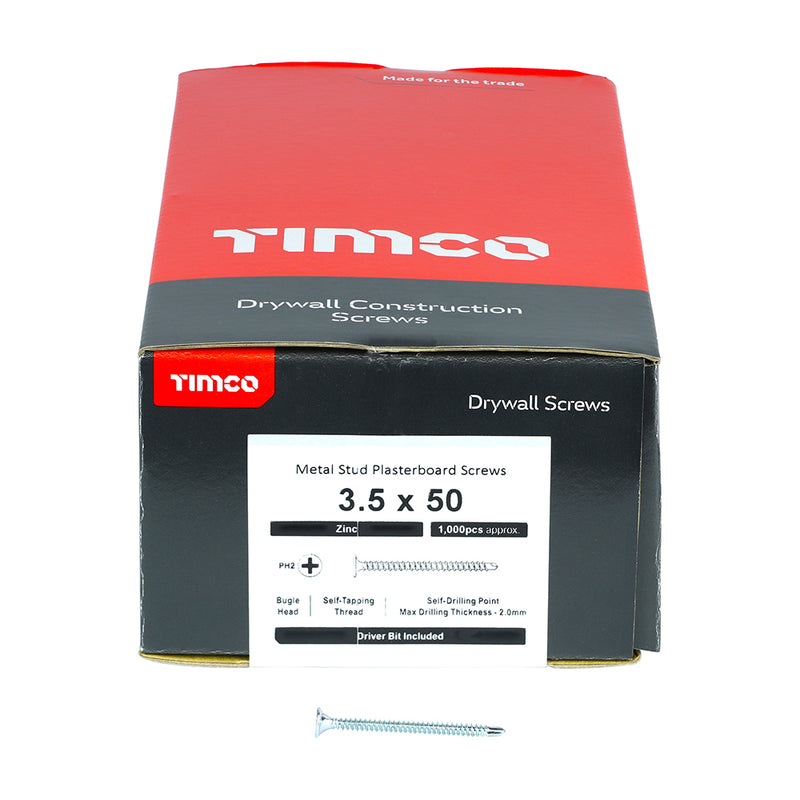 Self Drilling Drywall Timber Stud Plasterboard Screws 3.5 x 50mm (6 x 2in) - PH - Bugle - Zinc - Box of 1000