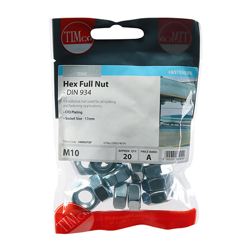 Timco M10 Hex Full Nuts Qty 20 (10HNUTZP)