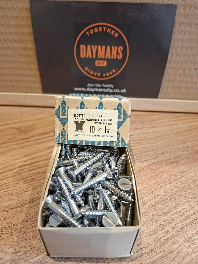Vintage Nettlefolds 10 x 1 1/4in Slotted Brass Barrel Chrome Screws