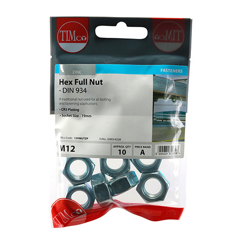 Timco M12 Hex Full Nuts Qty 10 (12HNUTZP)