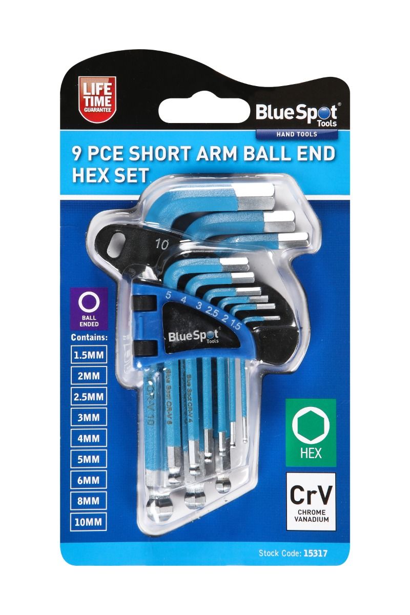 Bluespot 9 Piece Short Arm Ball End Hex Key Set (1.5-10mm) (15317)